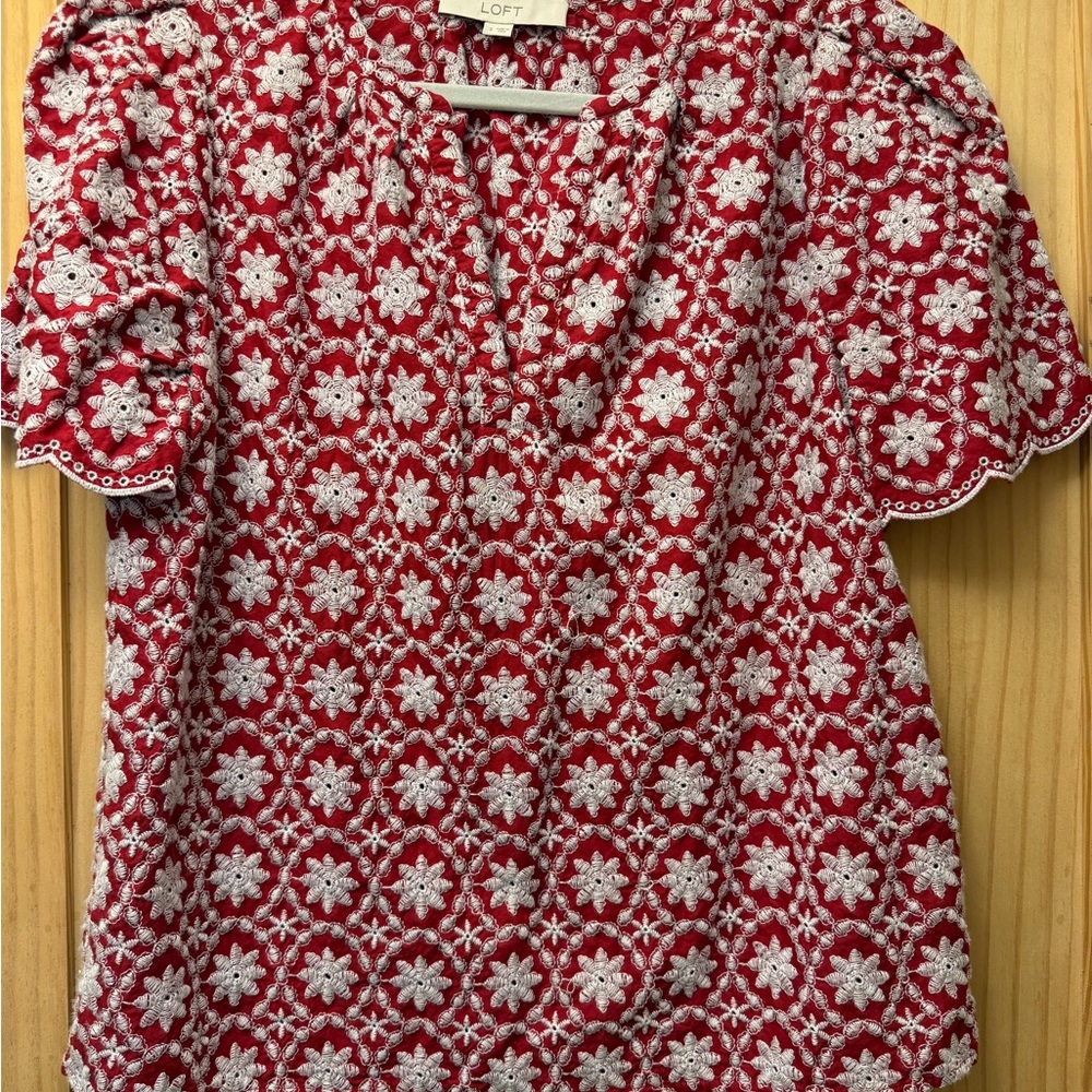 LOFT Red Short-Sleeve Embroidered Eyelet Tunic